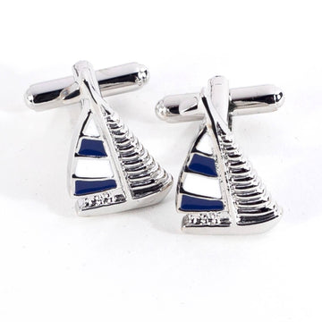 Rhodium Plated Cufflinks w/ Blue & White Sail Boat Design