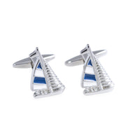 Rhodium Plated Cufflinks w/ Blue & White Sail Boat Design